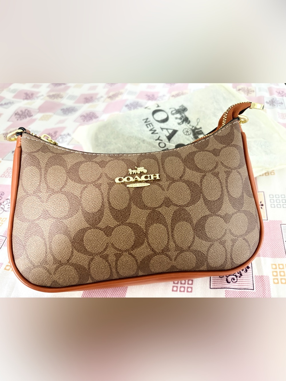 Coach Brown Signature Canvas Shoulder Bag with Gold Logo